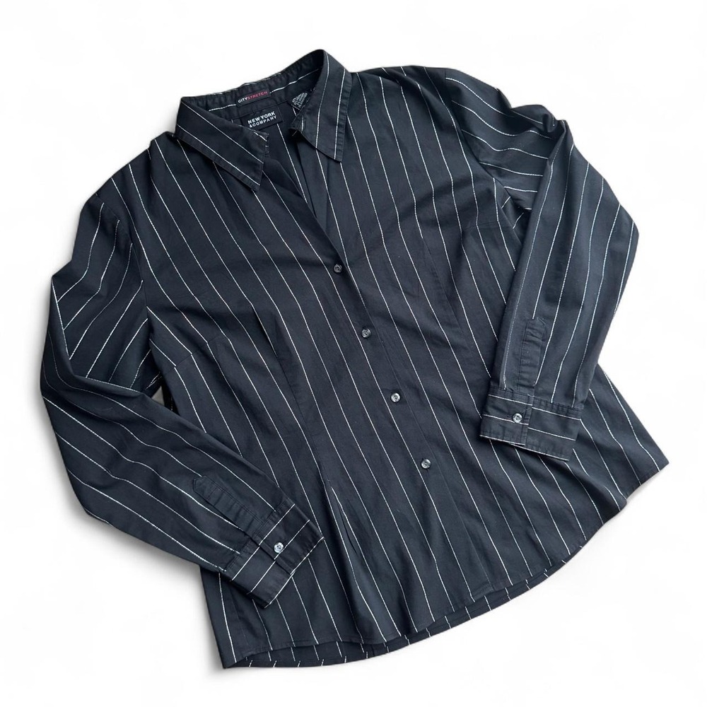 Y2K Pinstripe Button Up Women's Size XL Black Silver New York & Co Office Club